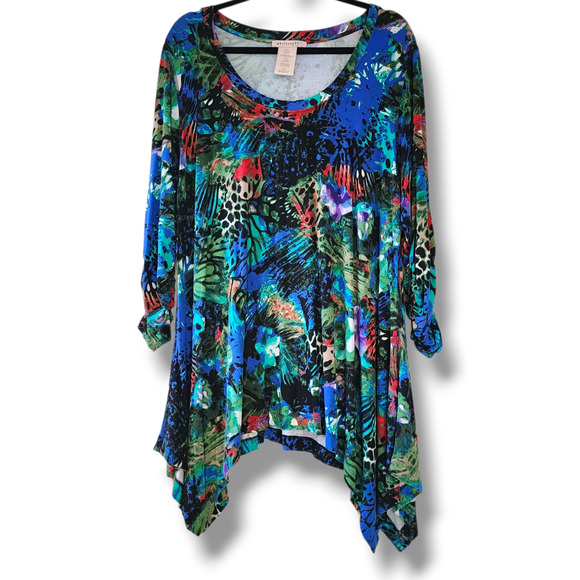 Philosophy Tunic Top Green Aqua Colorful Floral Butterfly Boho plus size XXL art - Picture 1 of 9